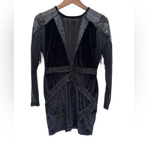 Boohoo Womens Velvet Fringe Mini Dress Black US 8 Sequined Long Sleeve Pre-Owned